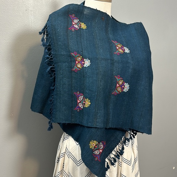 Petroleum Green Cotton Embroidered Tasseled Scarf - Picture 5 of 17